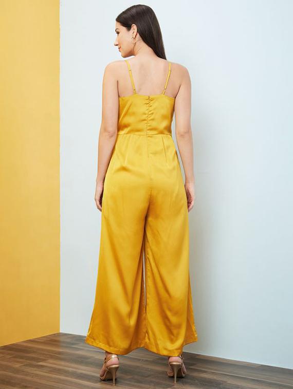 globus women yellow adjustable strappy shoulder wrap neck flared hem party jumpsuit - 20646111 - Standard Image - 2