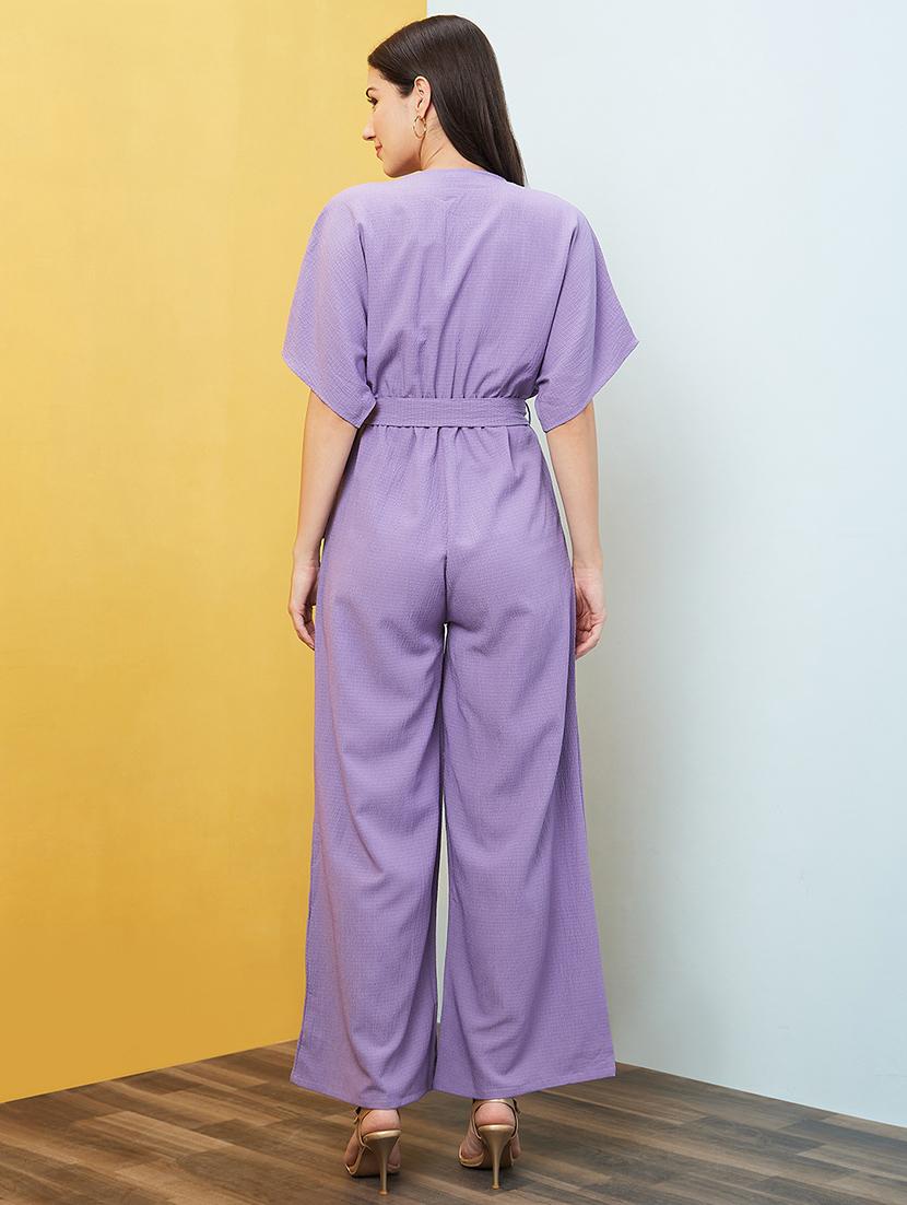 globus women lavender round neck with v cut & kimono sleeves waist tie-up longline jumpsuit - 20646112 - Standard Image - 2