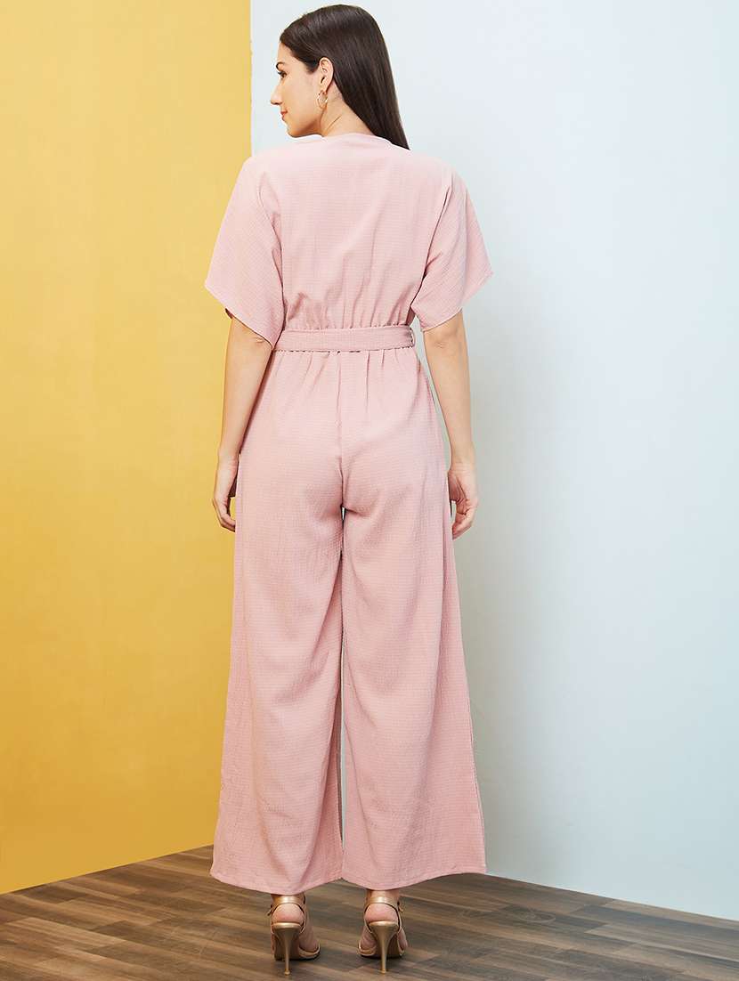 globus women pink round neck with v cut kimono sleeves waist tie-up longline jumpsuit - 20646114 -  Standard Image - 2