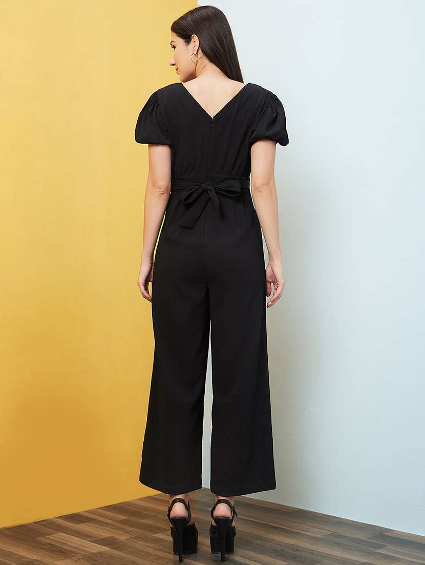 globus women black wrap neck puff sleeves gathered waist tie-up jumpsuit - 20646115 -  Standard Image - 2