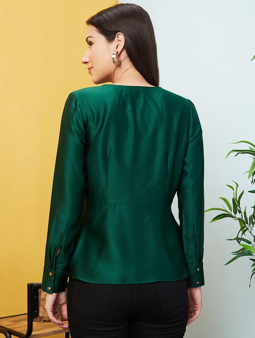 globus women green long cuffed sleeves v-neck wrap party top - 20646124 - Standard Image - 2