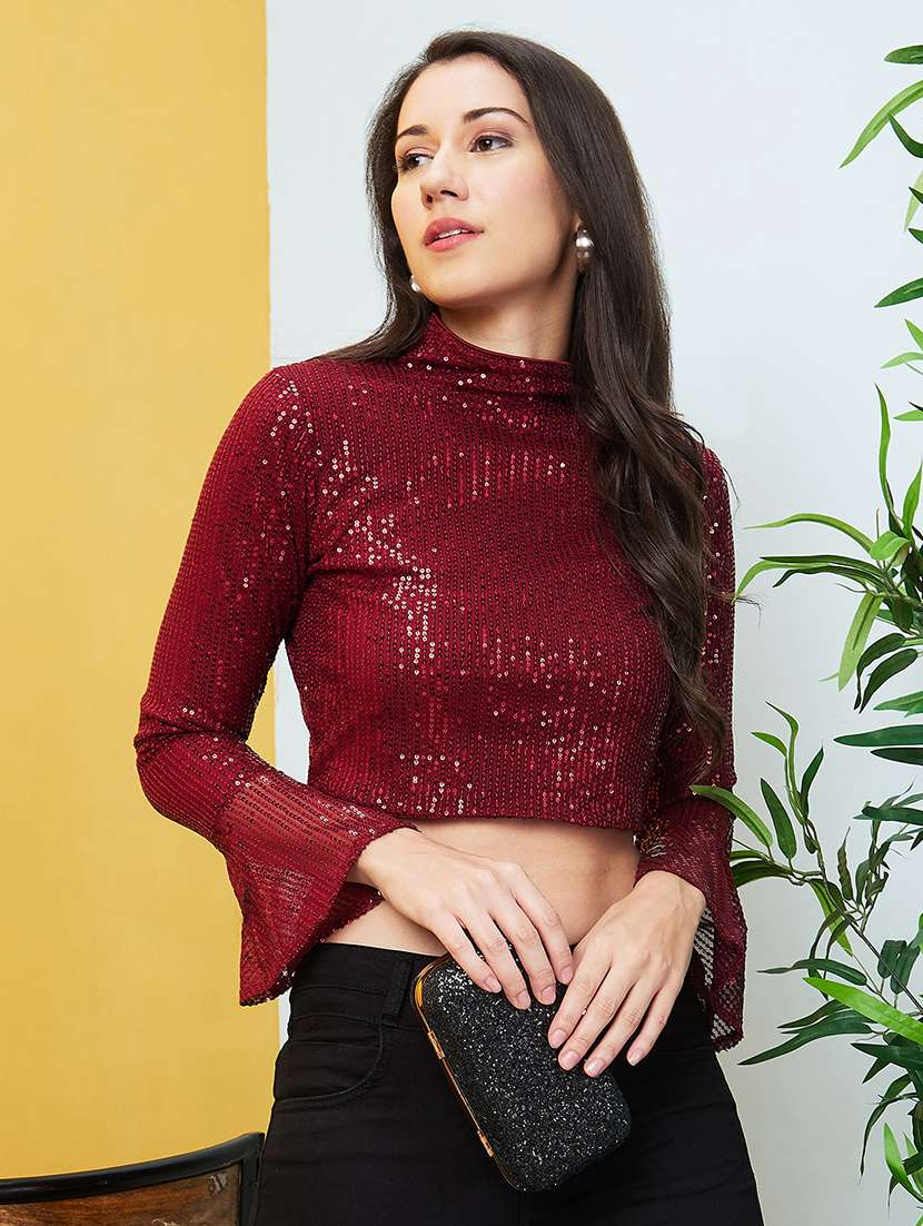 globus women maroon high neck bell sleeve sequinned party crop top - 20646126 -  Zoom Image - 0