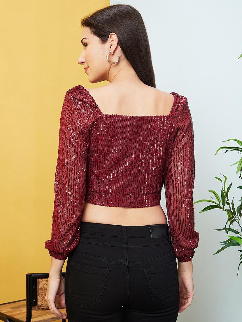 globus women maroon wrap neck raglan sleeves sequinned party crop top - 20646127 - Standard Image - 2