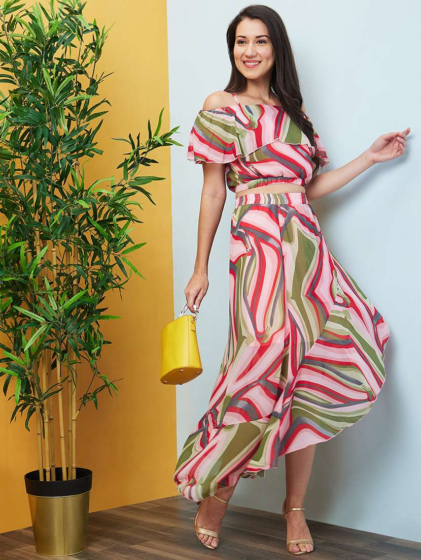globus women pink abstract strappy off shoulder crop top with ruffled asymmetric skirt co-ord set