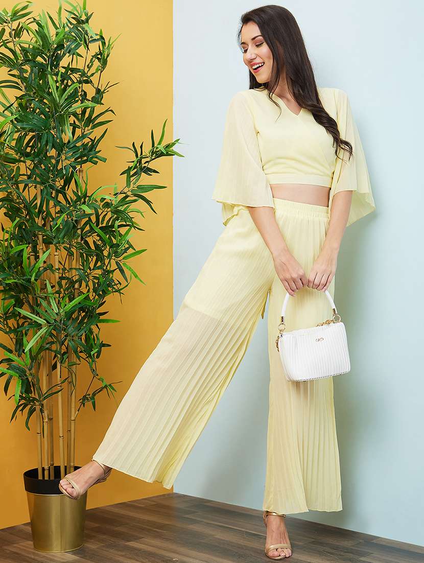 women light yellow solid top and palazzos set