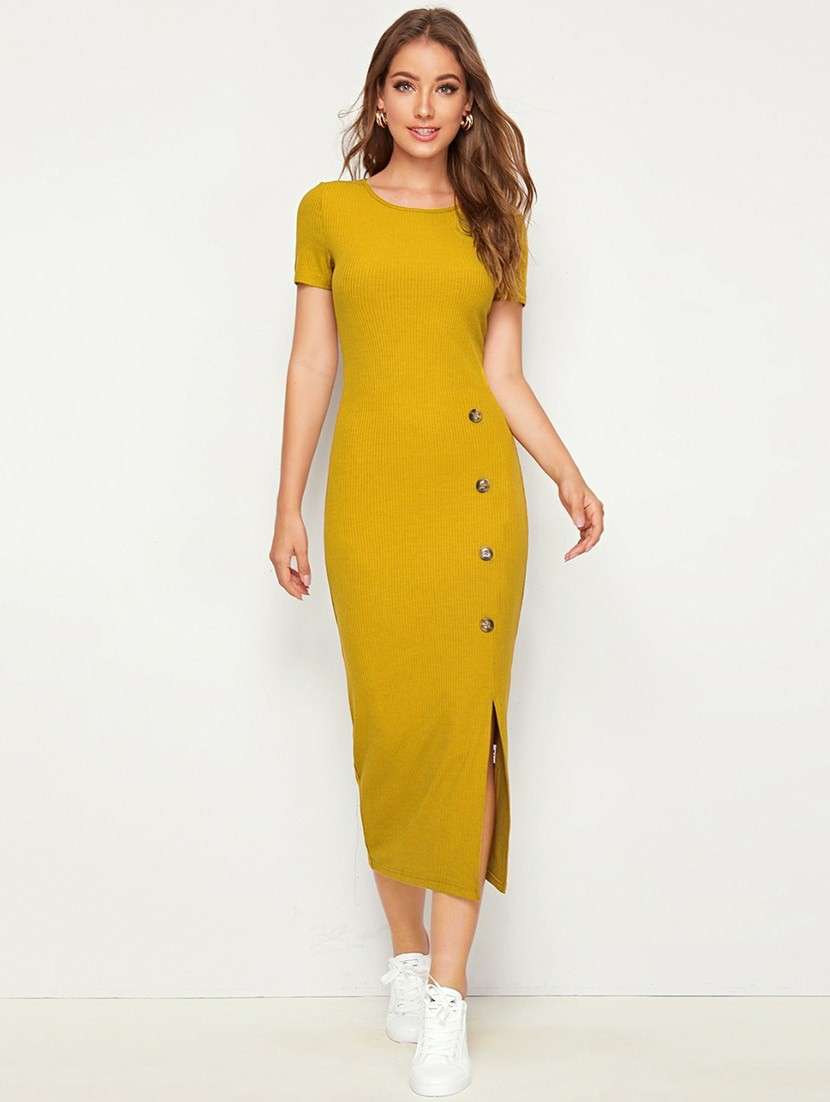 women solid round neck bodycon dress