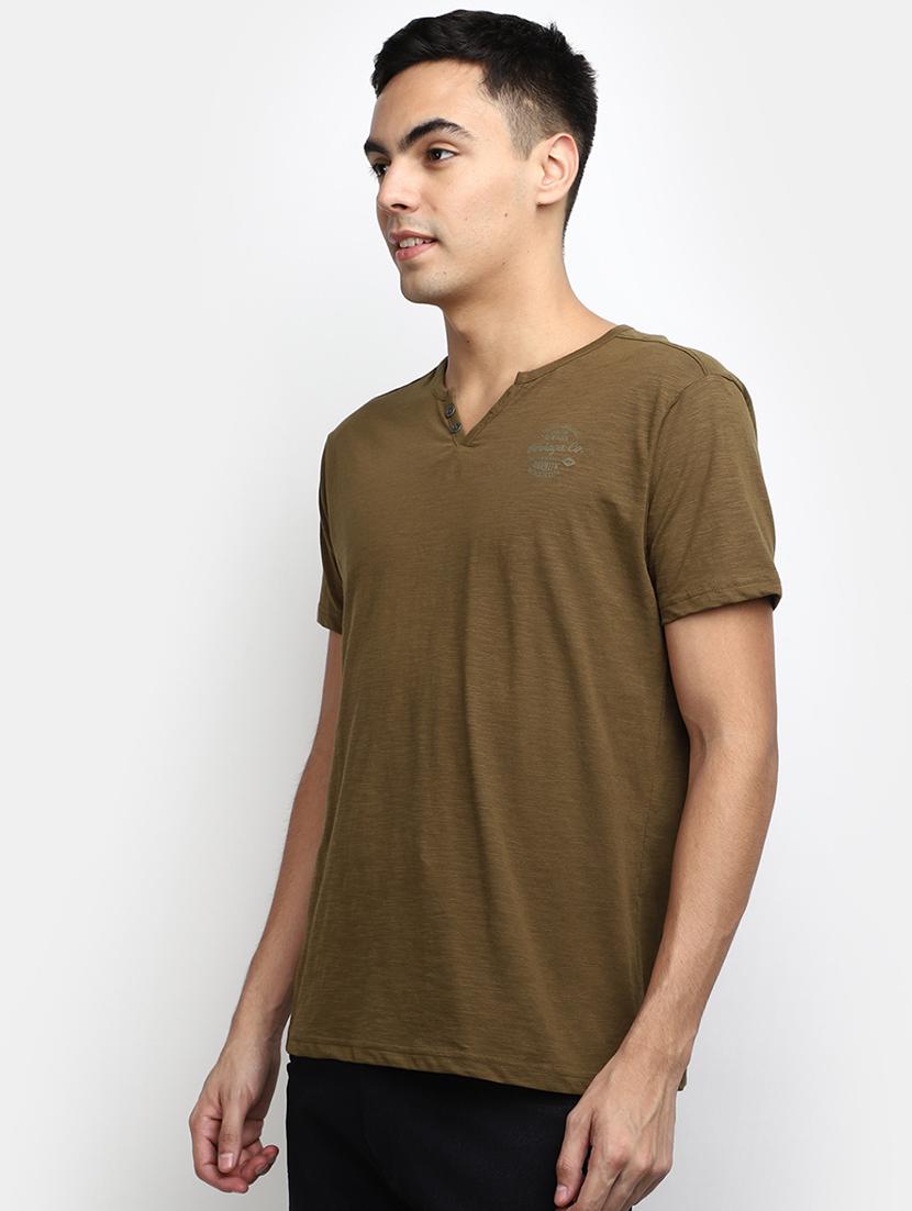 solid olive green detailed casual t-shirt - 20672542 - Standard Image - 2