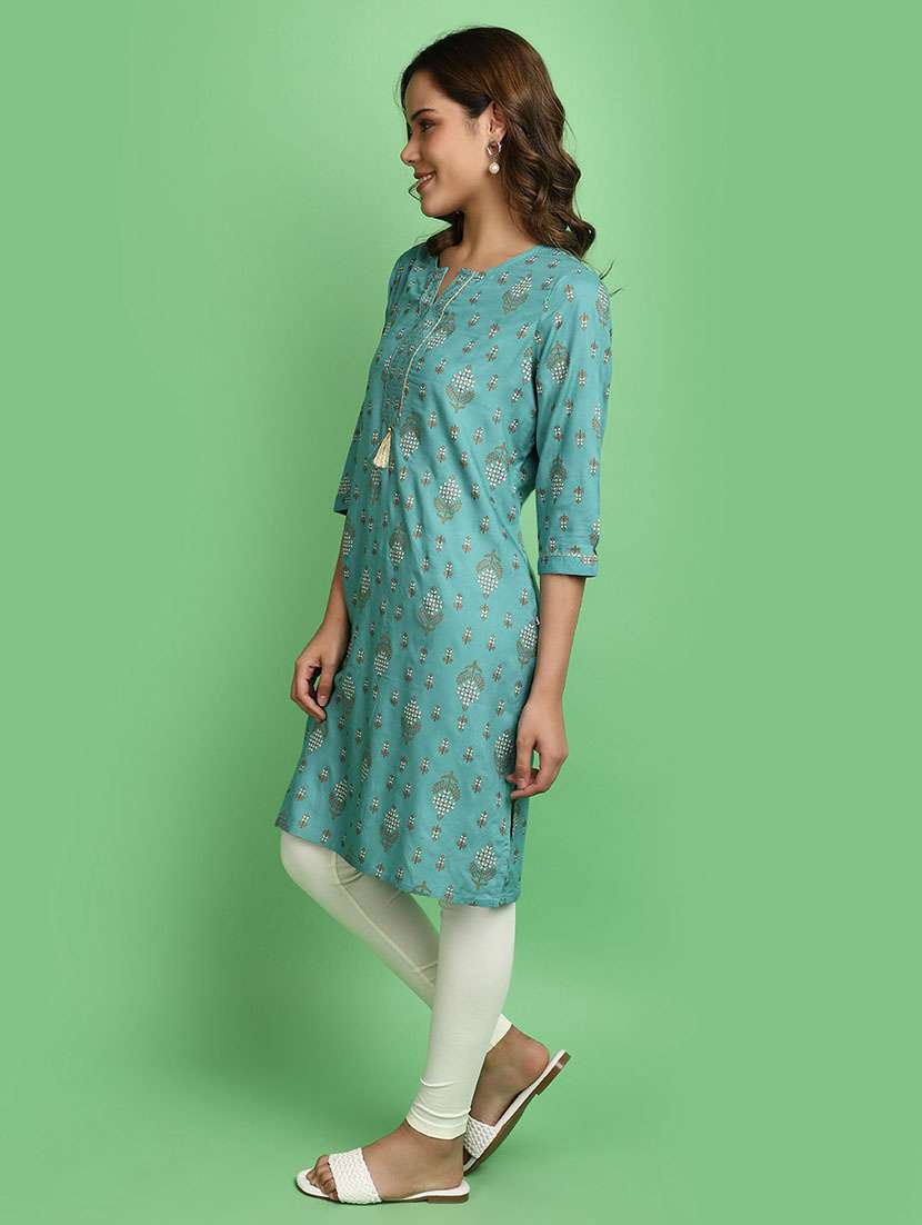 women turquoise notch neck straight kurta - 20676511 -  Standard Image - 2