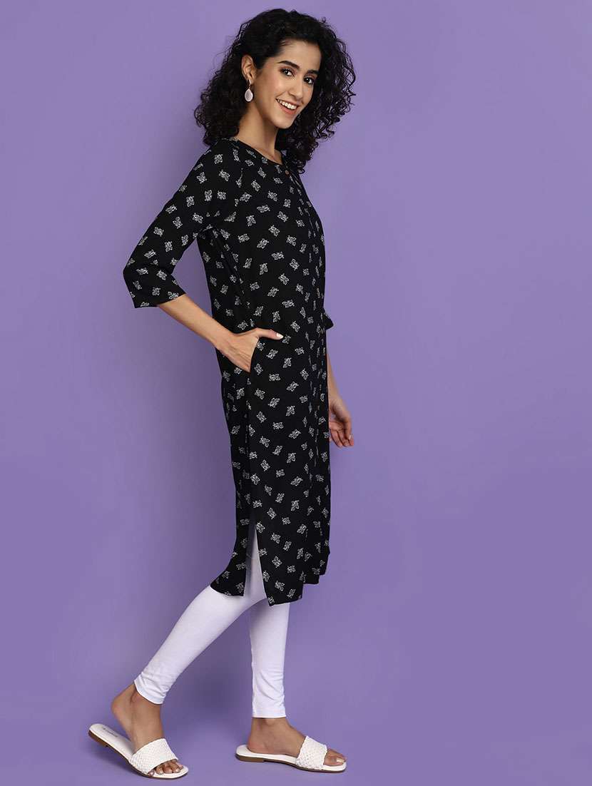 women black round neck straight kurta - 20676543 -  Standard Image - 2
