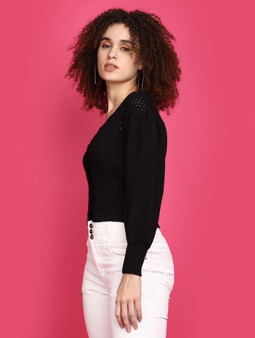 women black self design cardigans - 20676778 -  Standard Image - 2