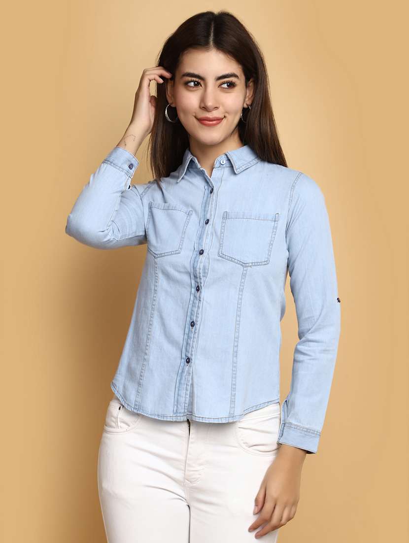 women solid denim shirt