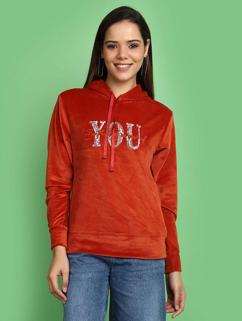 women rust hooded neck sweatshirt