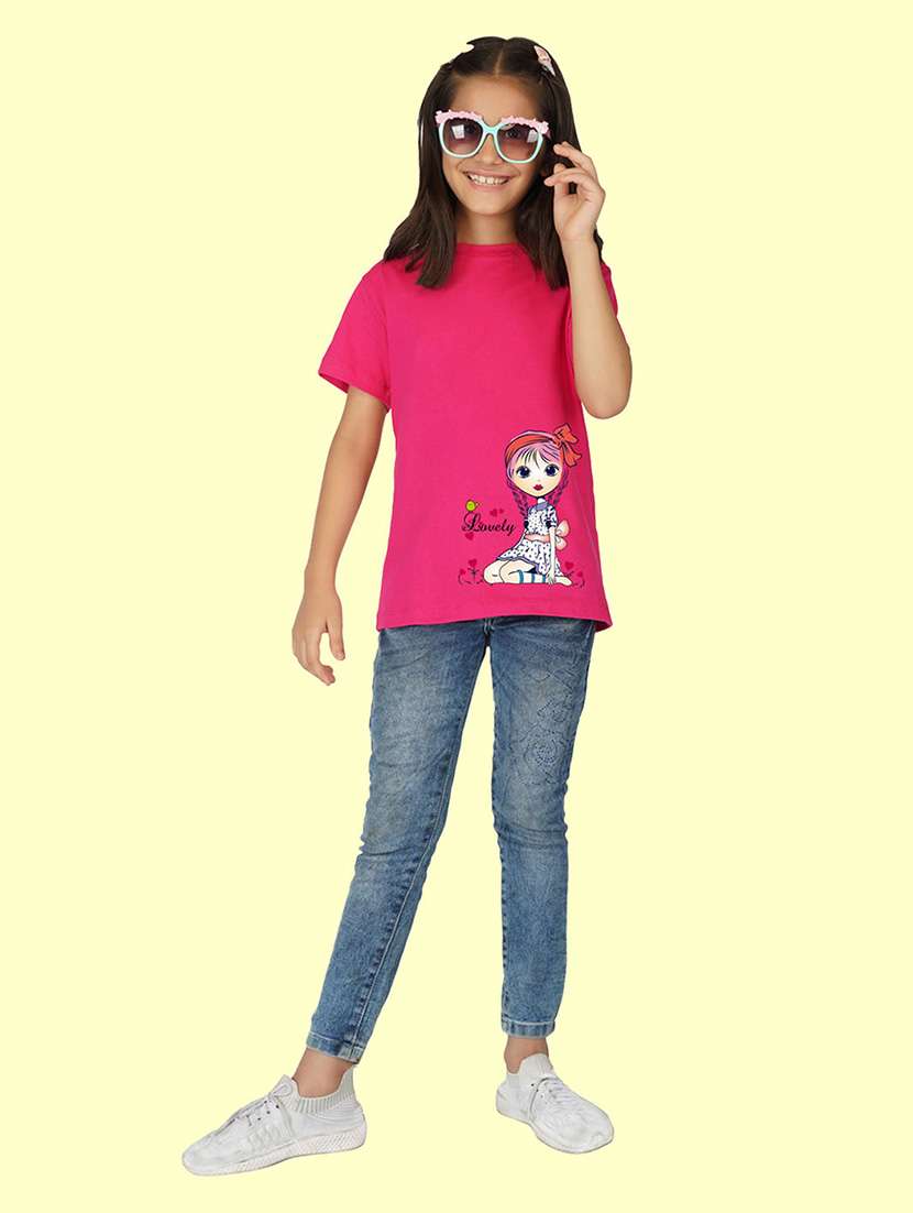 kids pink placement print round neck t-shirt - 20683107 -  Standard Image - 2