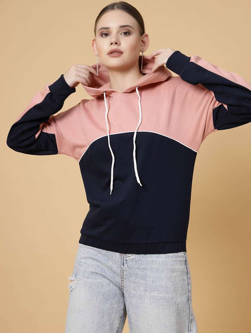 peach & navy blue color block long sleeve sweatshirt - 20683135 -  Zoom Image - 0