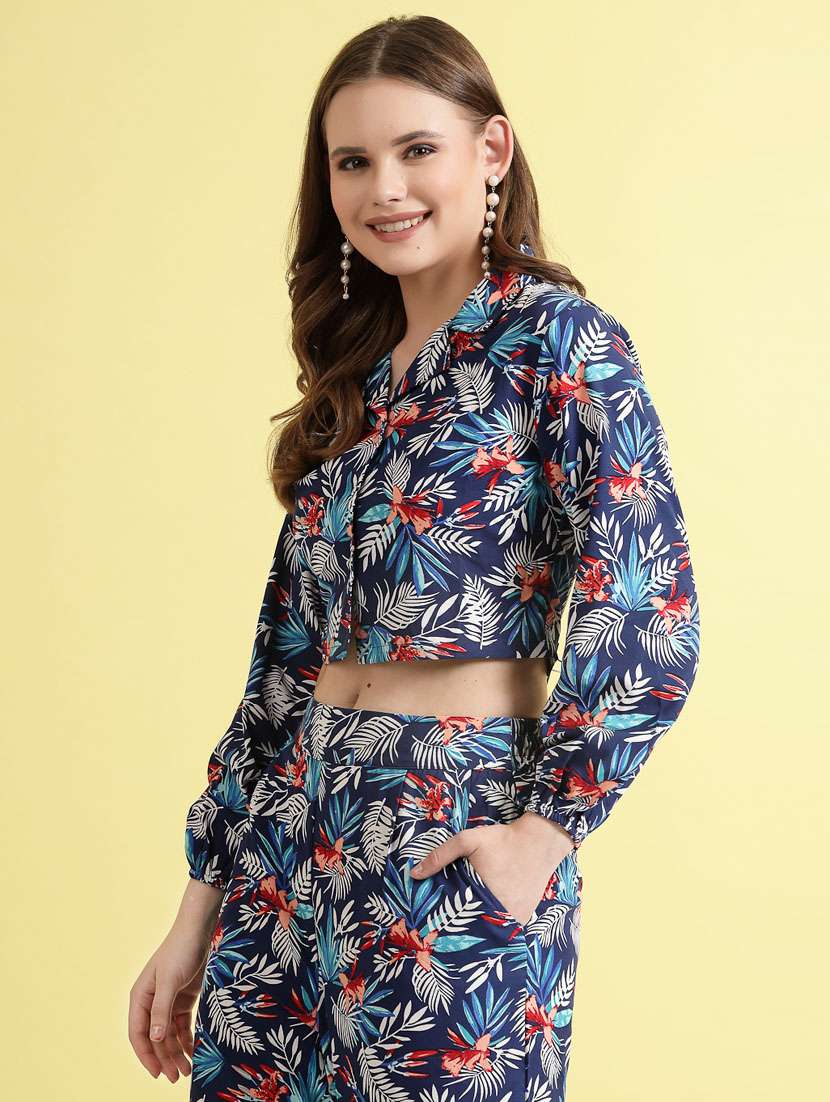 women tropical print collared crop top