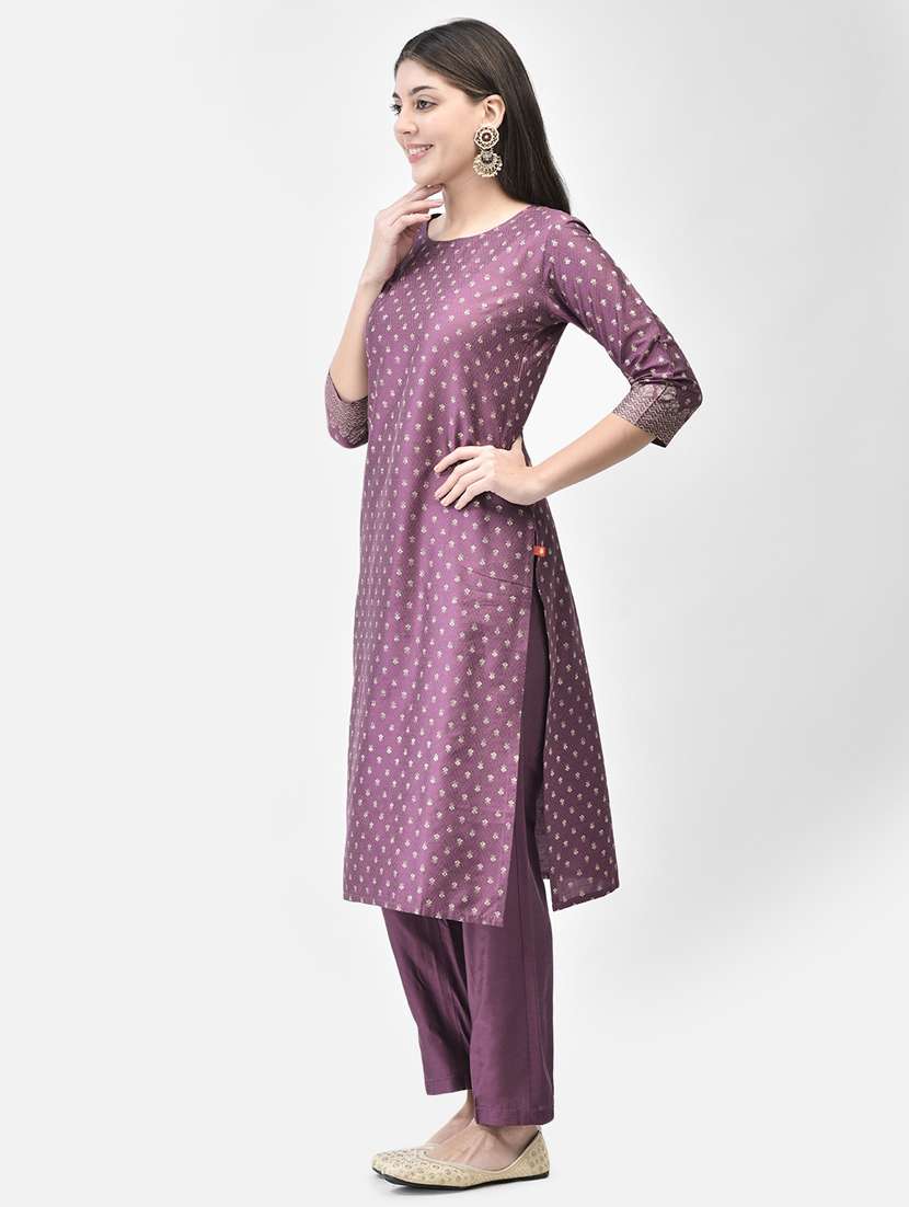 women purple round neck straight kurta - 20683349 -  Standard Image - 2