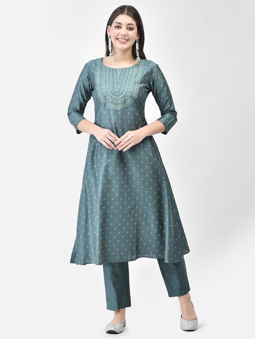 teal three quarter sleeve a-line kurta - 20683353 - Zoom Image - 0