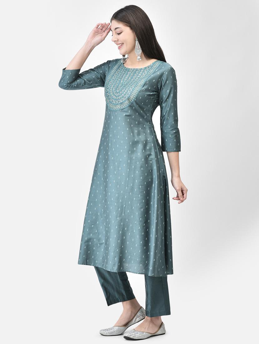 teal three quarter sleeve a-line kurta - 20683353 - Standard Image - 2