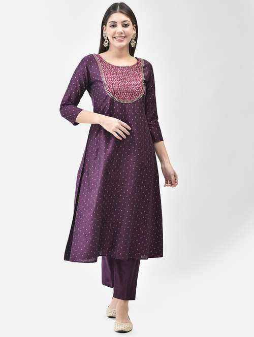 purple three quarter sleeve a-line kurta - 20683359 - Standard Image - 0