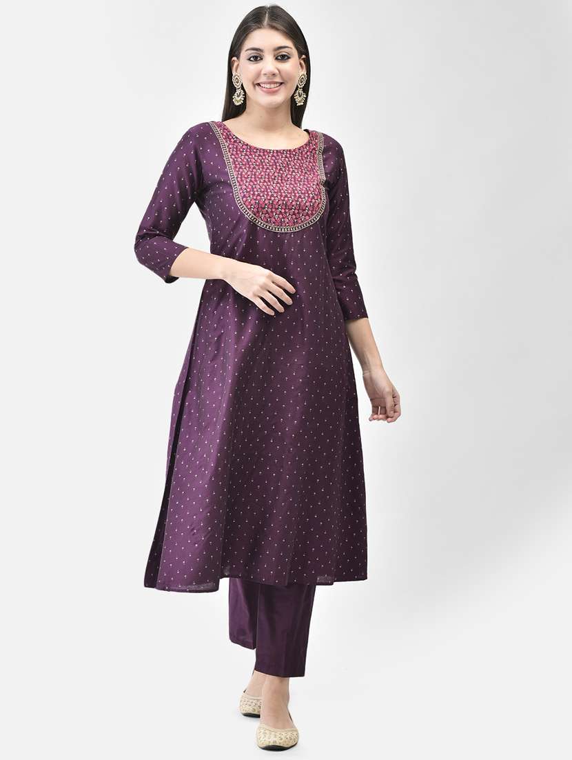 purple three quarter sleeve a-line kurta