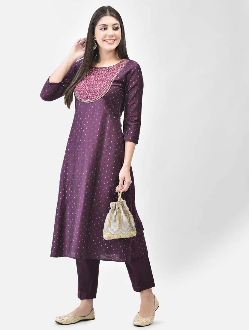 purple three quarter sleeve a-line kurta - 20683359 - Standard Image - 2