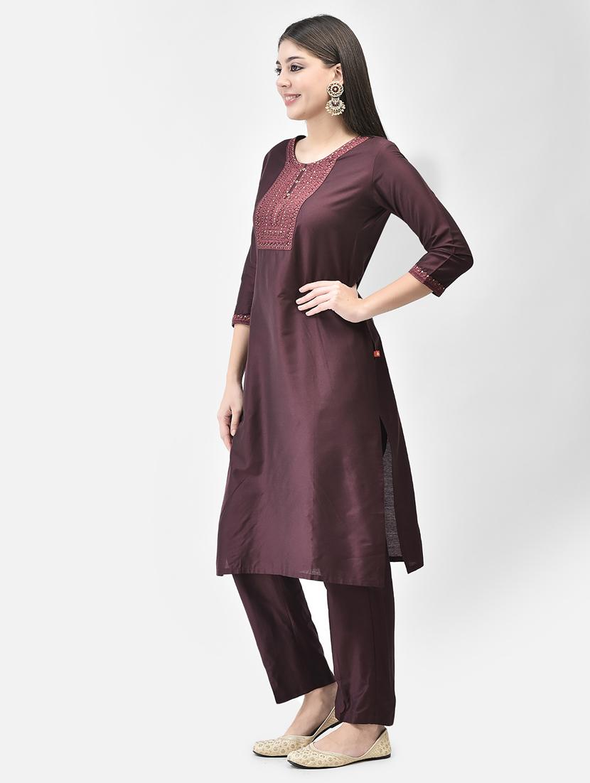 purple three quarter sleeve straight kurta - 20683364 - Standard Image - 2