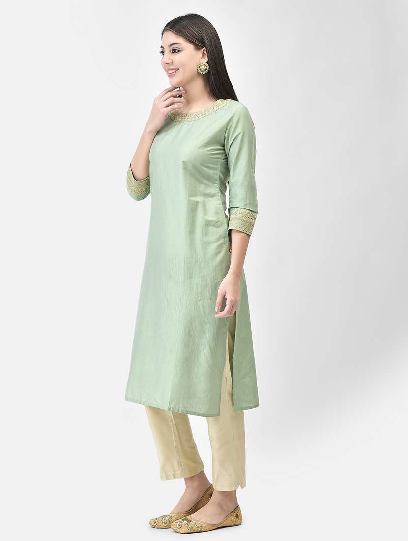 women green round neck straight kurta - 20683370 -  Standard Image - 2