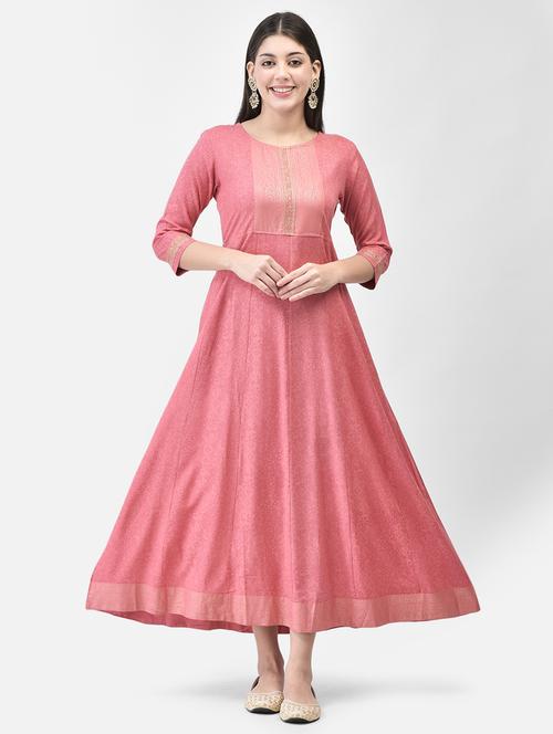 pink three quarter sleeve flared kurta - 20683373 - Standard Image - 0