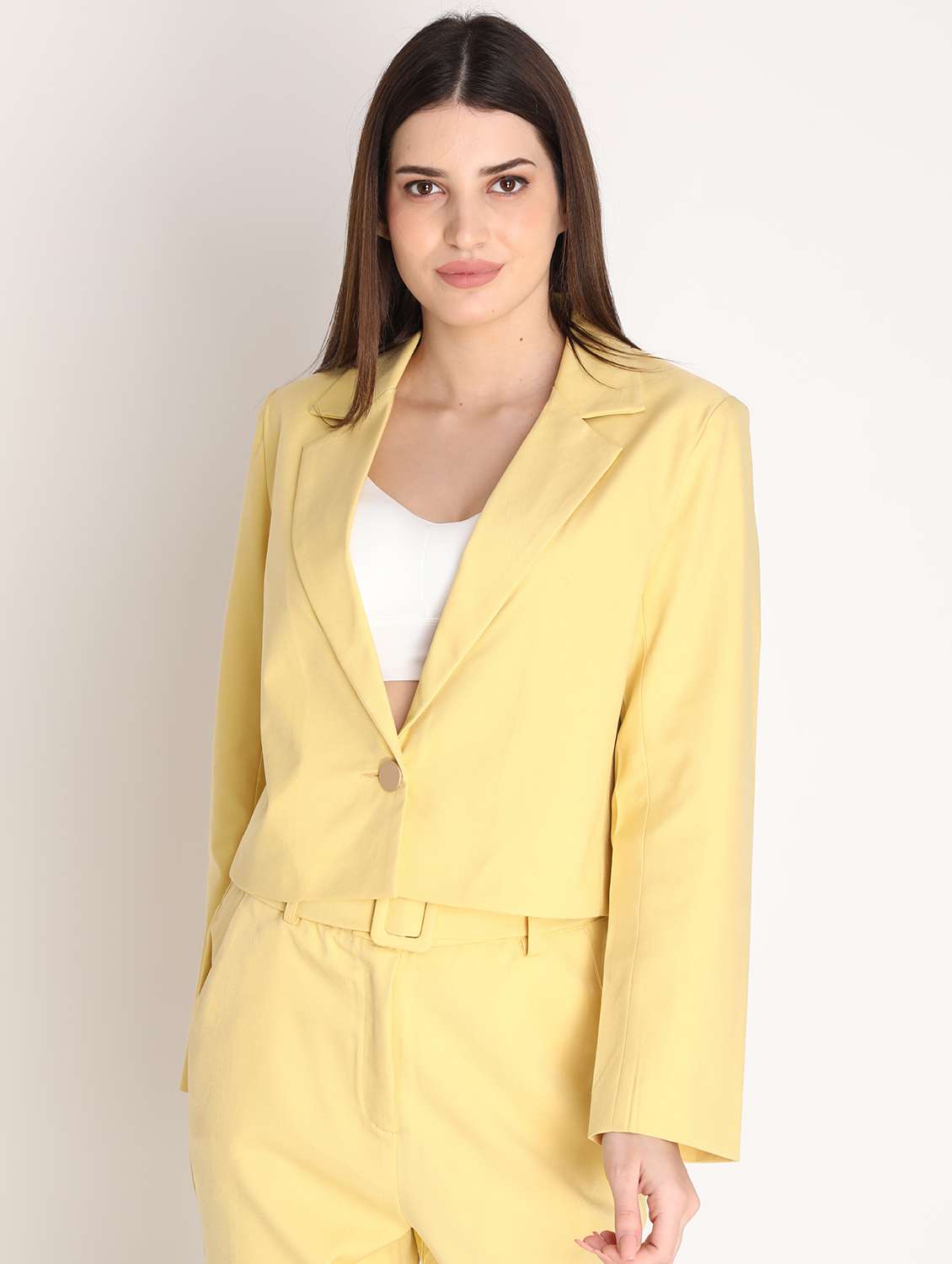 solid yellow casual crop blazer