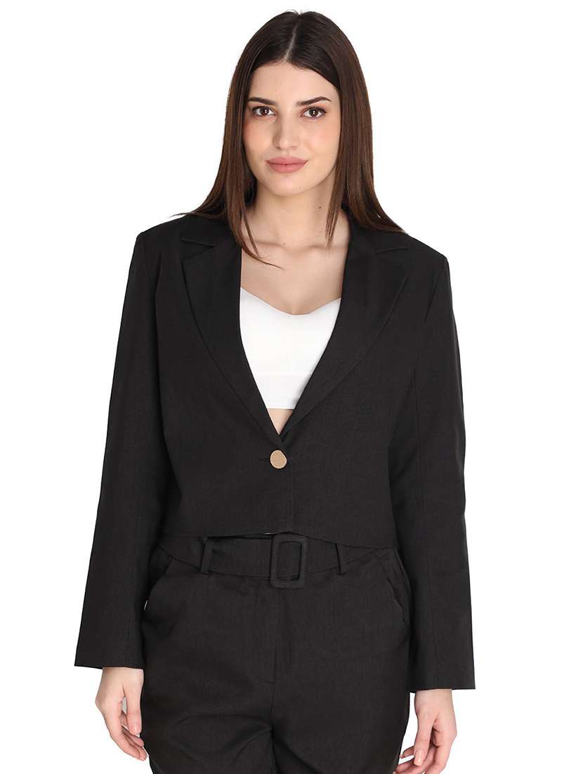 solid black casual crop blazer