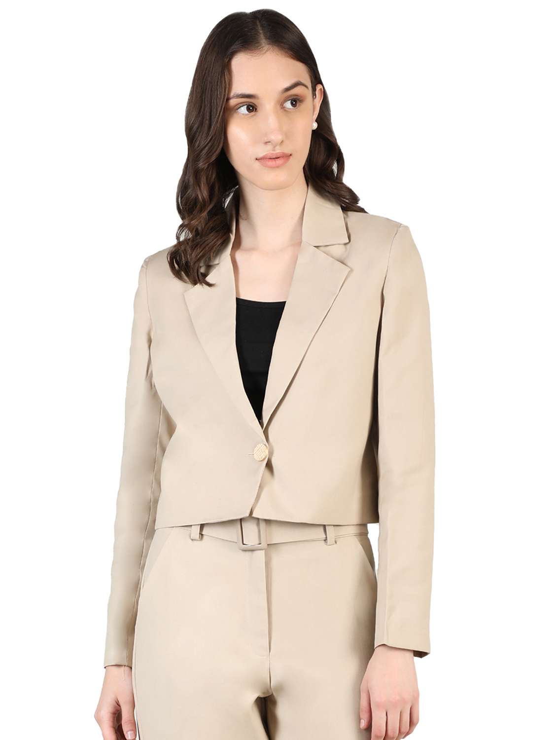 women beige solid full sleeve casual blazer