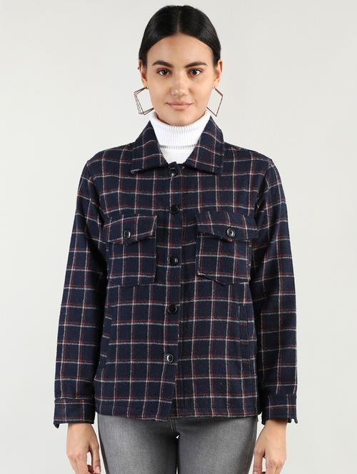 women checkered collared long sleeves coat - 20683819 - Standard Image - 0