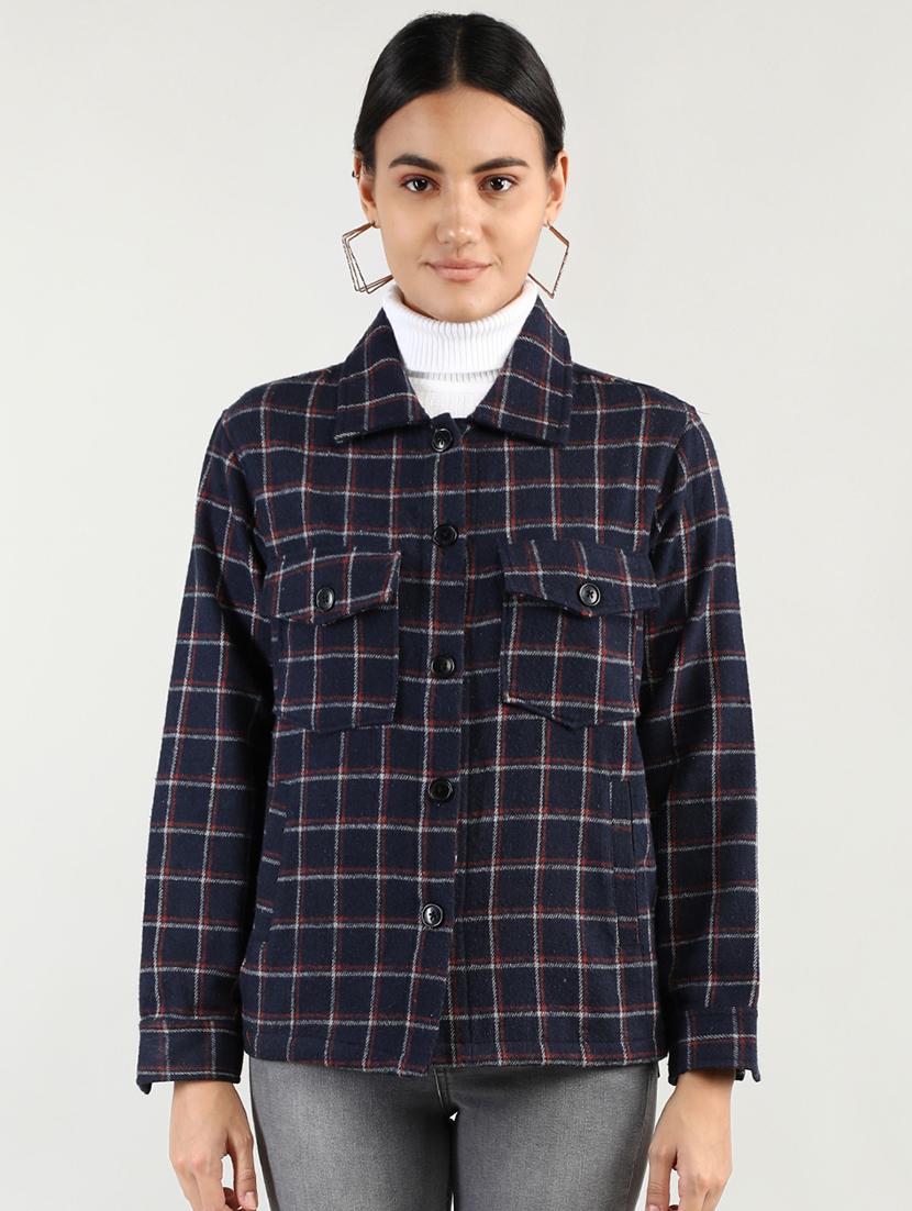 women checkered collared long sleeves coat - 20683819 - Zoom Image - 0