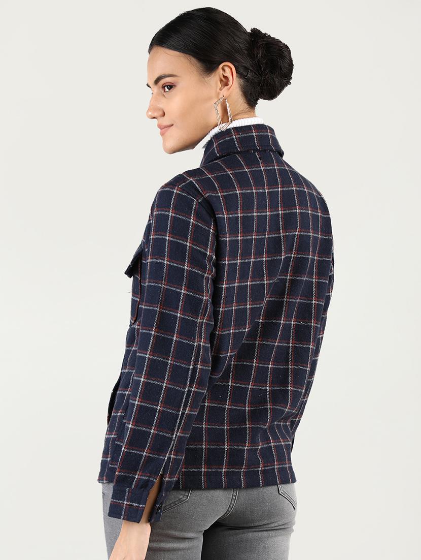 women checkered collared long sleeves coat - 20683819 - Standard Image - 2
