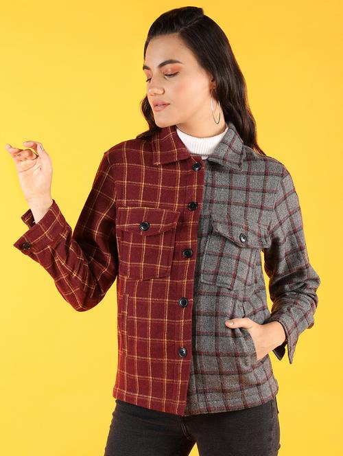 women multi color check printed full sleeve overcoat - 20683823 - Standard Image - 0