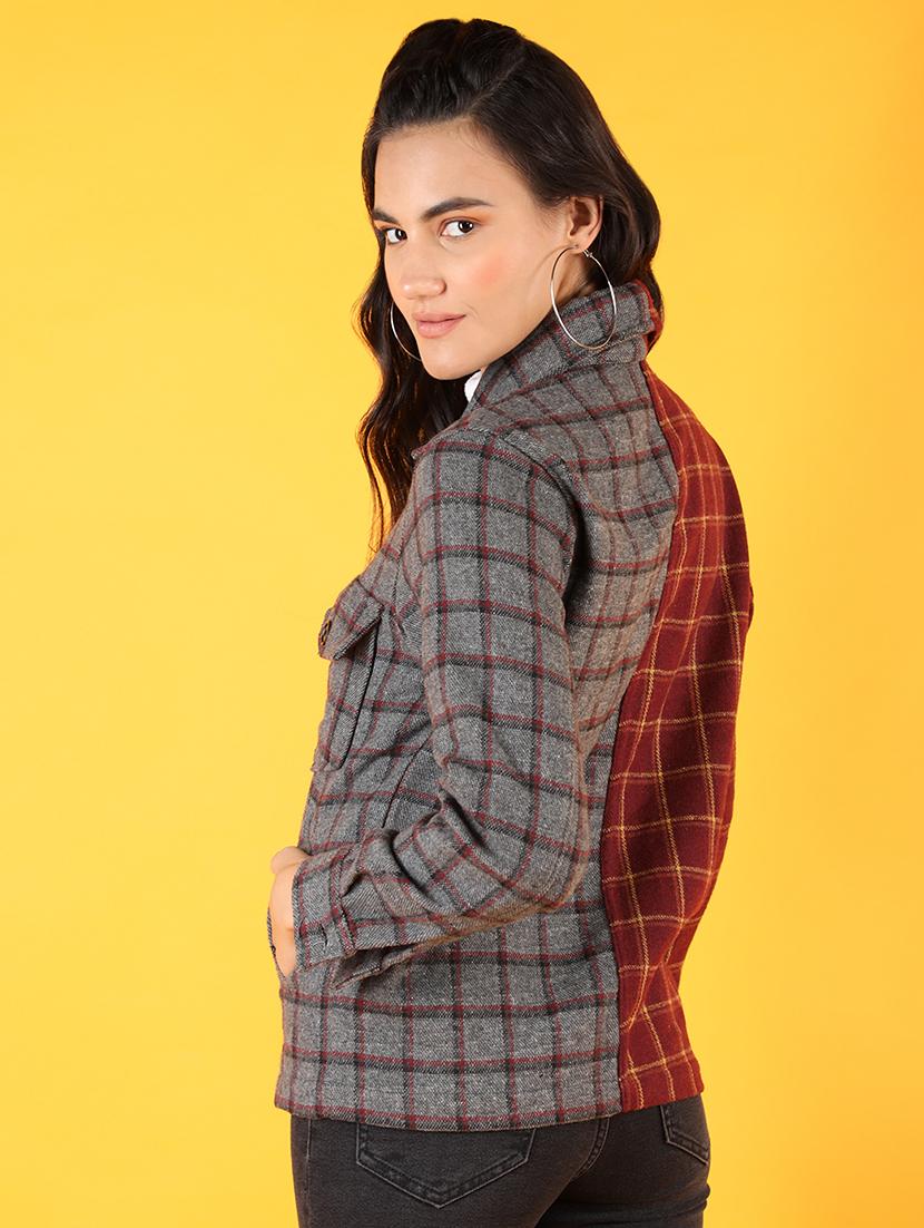 women multi color check printed full sleeve overcoat - 20683823 - Standard Image - 2