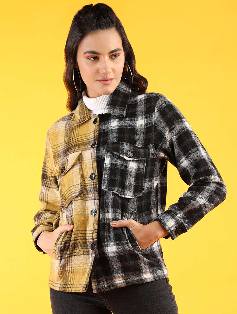 women checkered long sleeve shacket