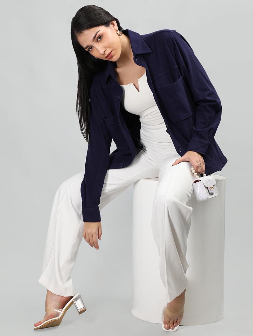 women navy blue solid regular shirt - 20683847 - Standard Image - 2