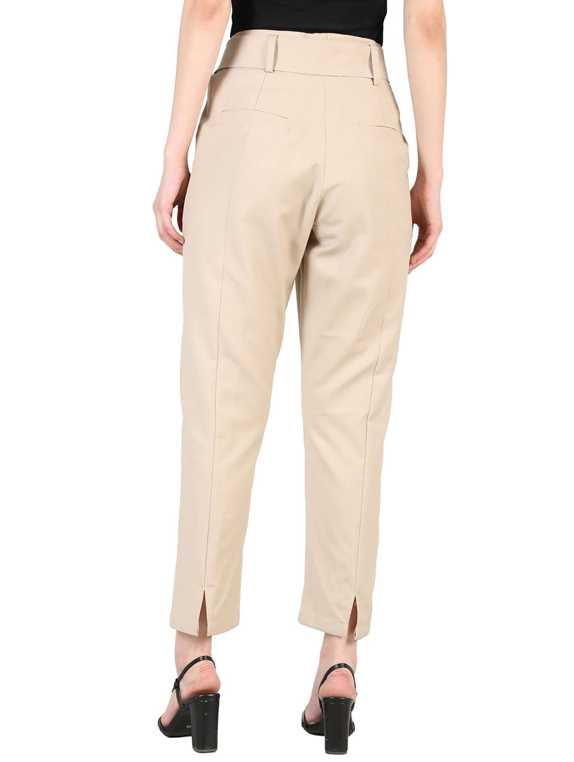 solid beige belted trouser - 20683932 - Standard Image - 2