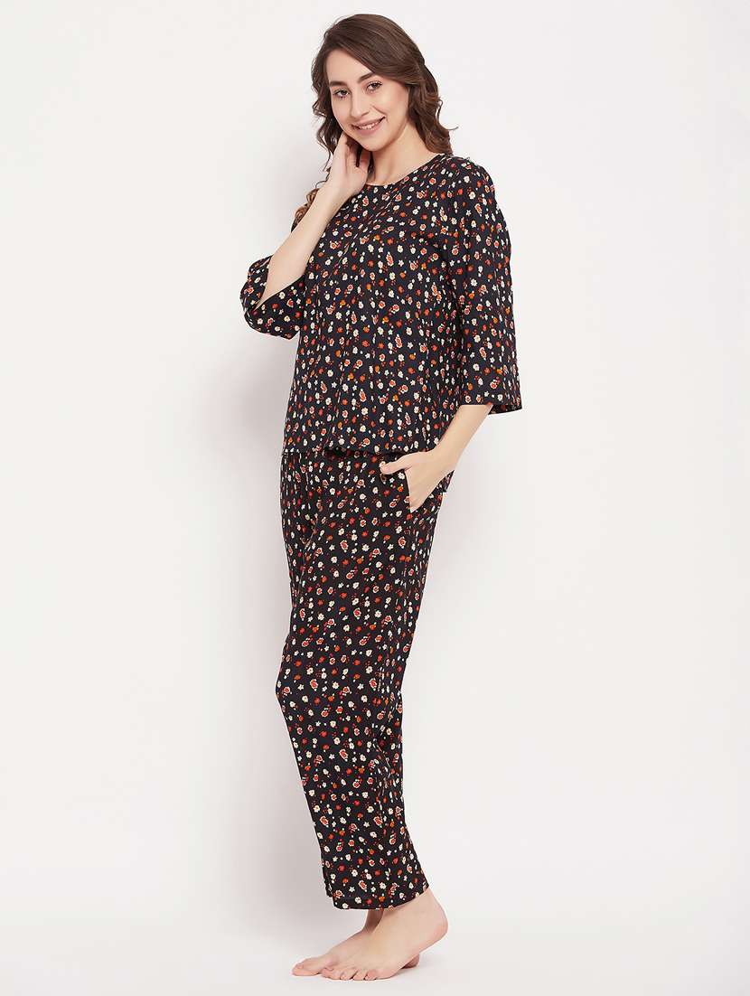 women printed shirt & full length trouser pyjama set - 20684037 -  Standard Image - 2