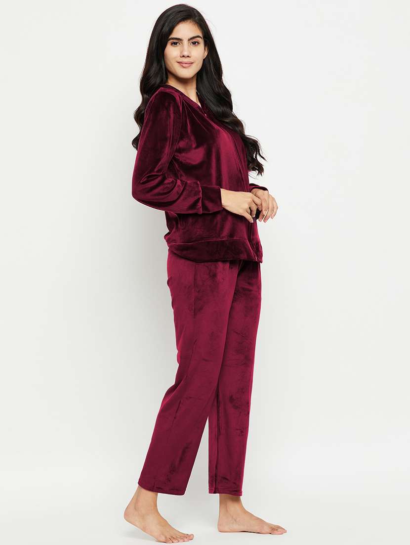 maroon solid pyjama set nightwear - 20685080 - Standard Image - 2