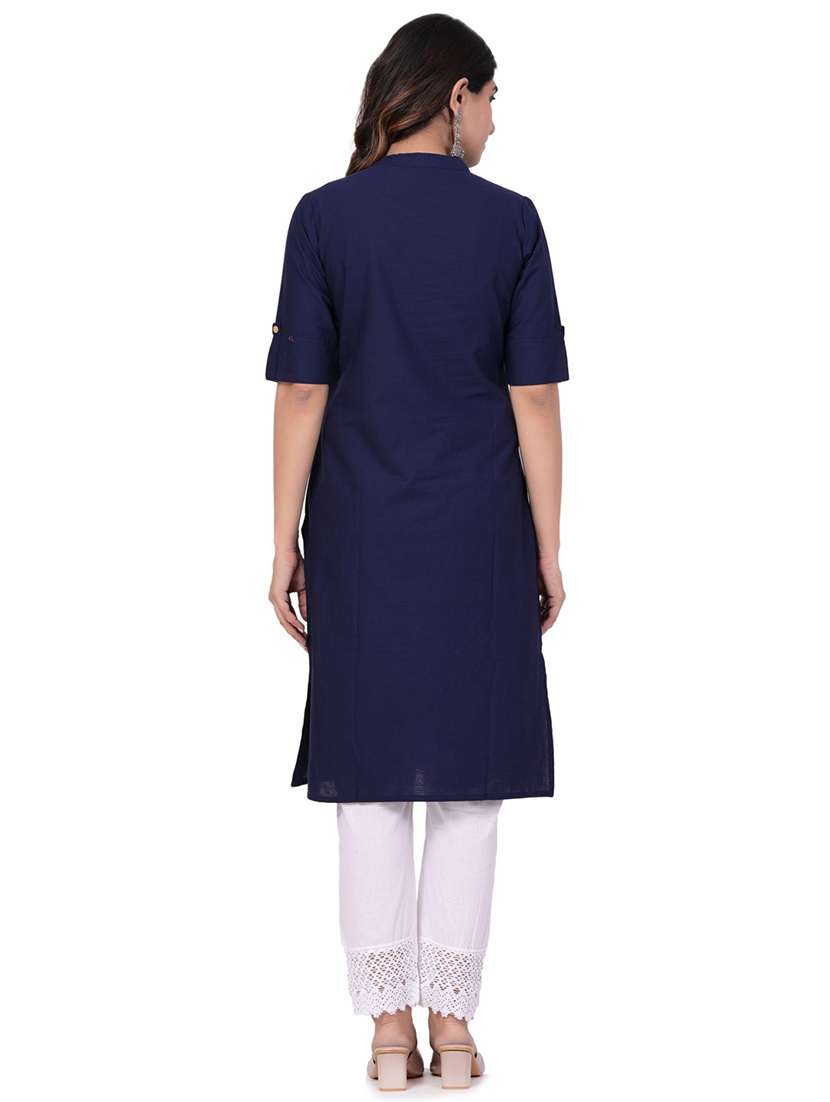 women navy blue mandarin neck suit set - 20685841 - Standard Image - 2