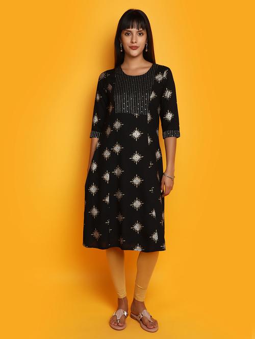 black three quarter sleeve a-line kurta - 20685933 -  Standard Image - 0