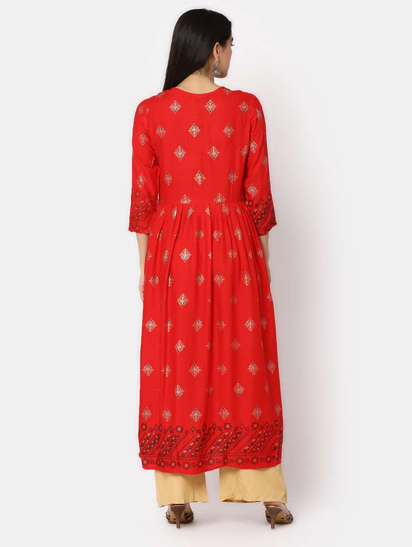 red three quarter sleeve flared kurta - 20685998 -  Standard Image - 2