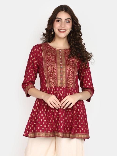 maroon foil printed a-line kurti - 20686037 - Standard Image - 0