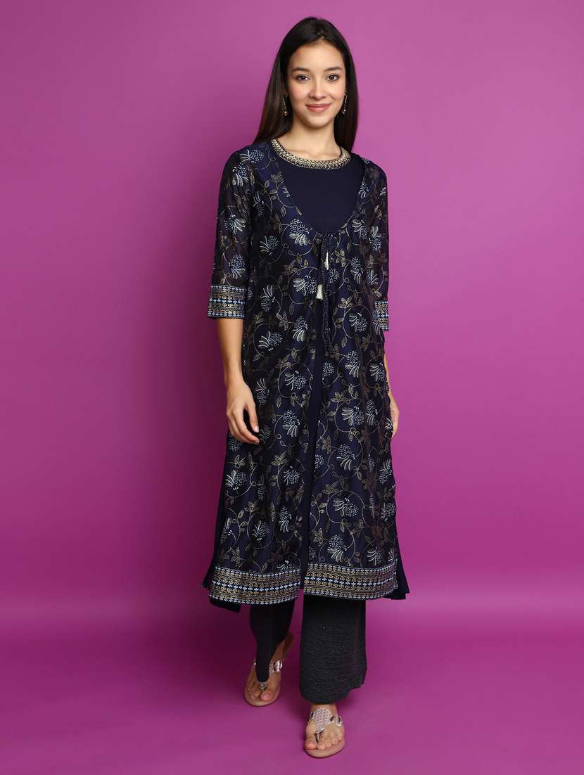 navy blue three quarter sleeve layered kurta