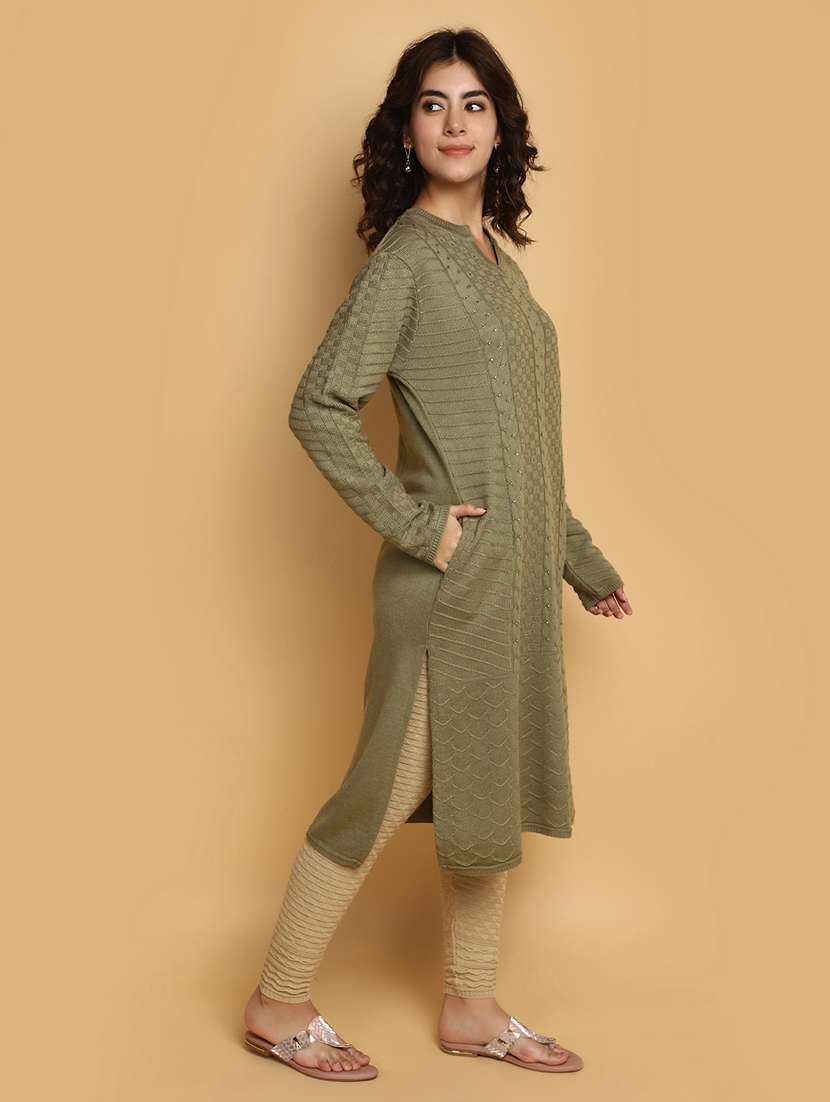 olive self design woolen kurta - 20686080 -  Standard Image - 2