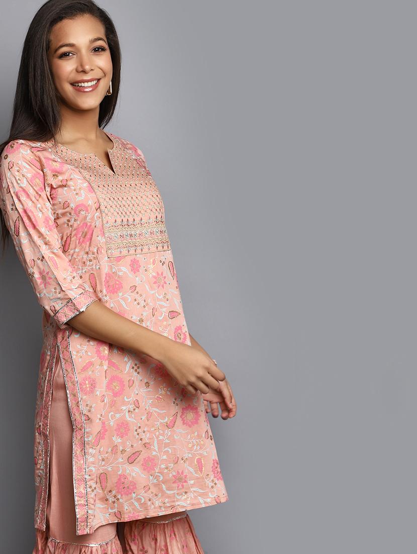 women peach notch neck kurta sharara set - 20686102 - Standard Image - 2