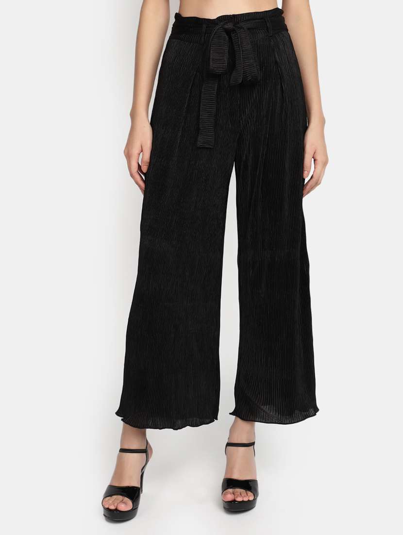 women black self design detailed wide leg trouser