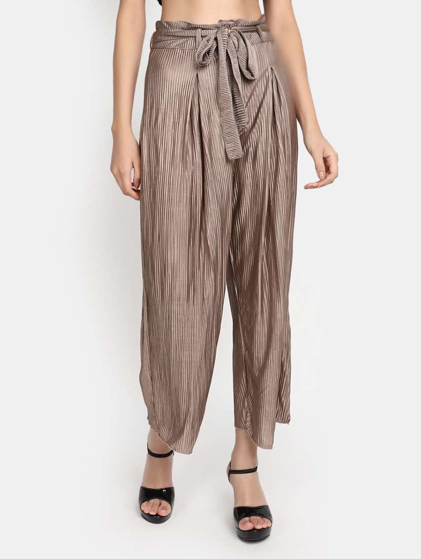women brown self design detailed wide leg trouser